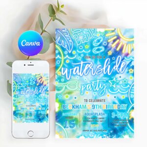 Water Slide Invitation, Water Slide Birthday Party Invitation Glow Neon Tie Dye Summer Water Slide Splash Pad Water Park Party