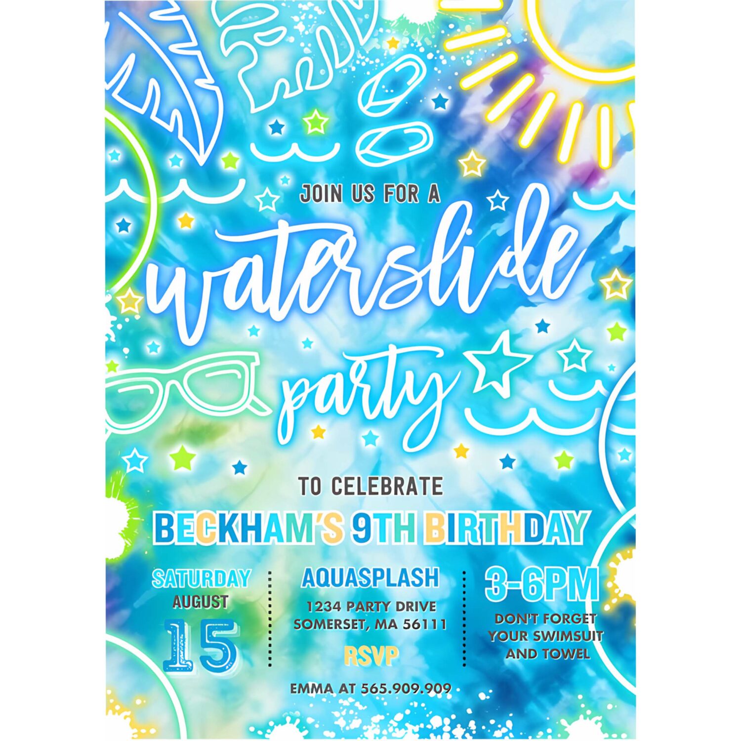 Editable water slide birthday party invitation glow neon tie dye summer water slide splash pad water park party instant download qa2 4