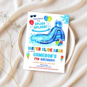 Editable water slide birthday splash party invitation blue waterslide bash boy or girl printable invite 1
