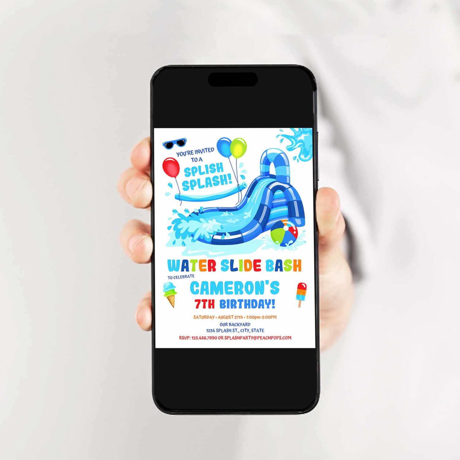 Editable water slide birthday splash party invitation blue waterslide bash boy or girl printable invite 2