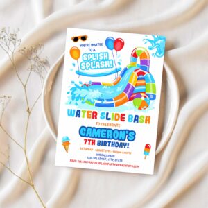 Editable water slide birthday splash party invitation orange red blue waterslide bash boy or girl digital printable invite 1