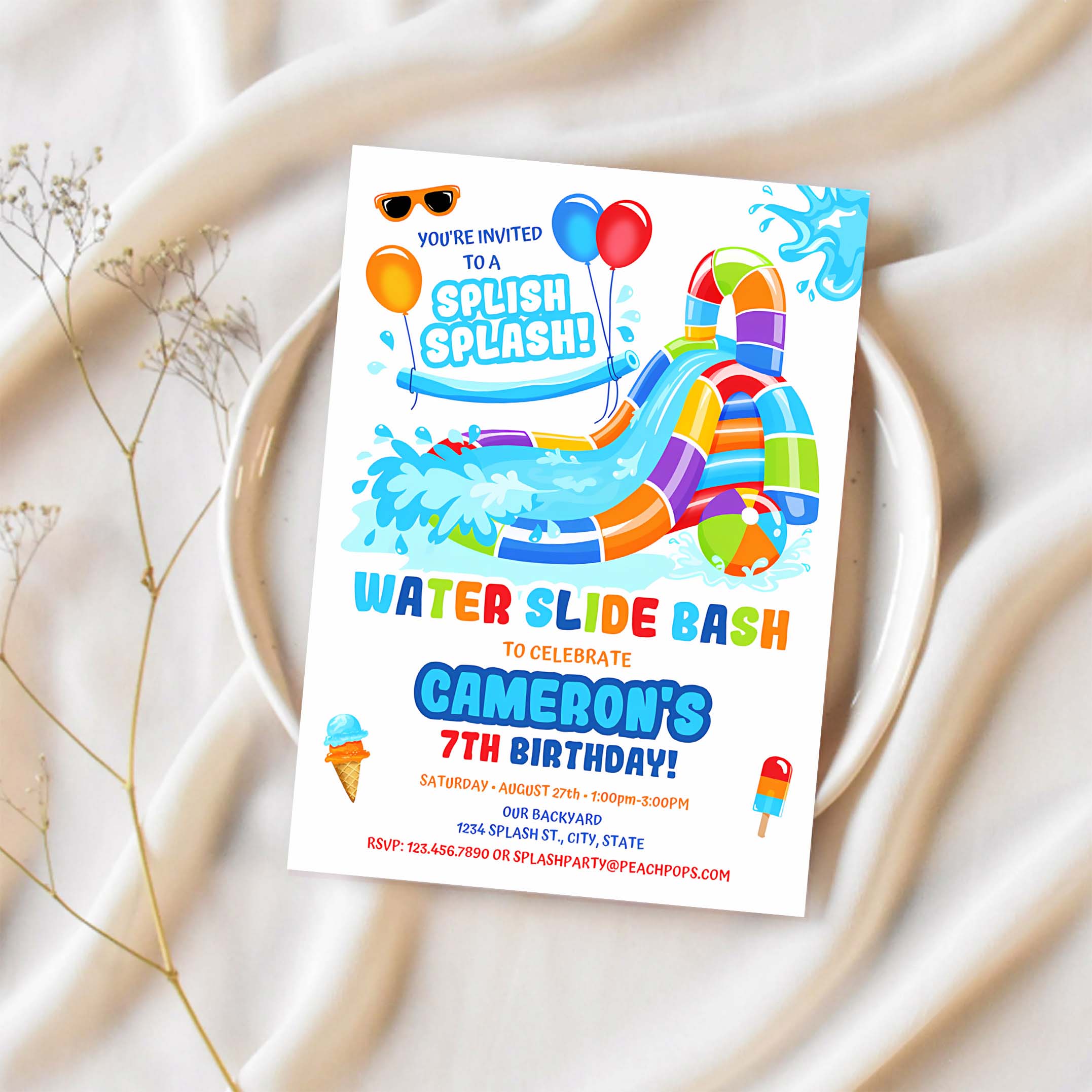Editable Water Slide Birthday Splash Party Invitation Orange Red Blue Waterslide Bash Boy or Girl DIGITAL Printable Invite