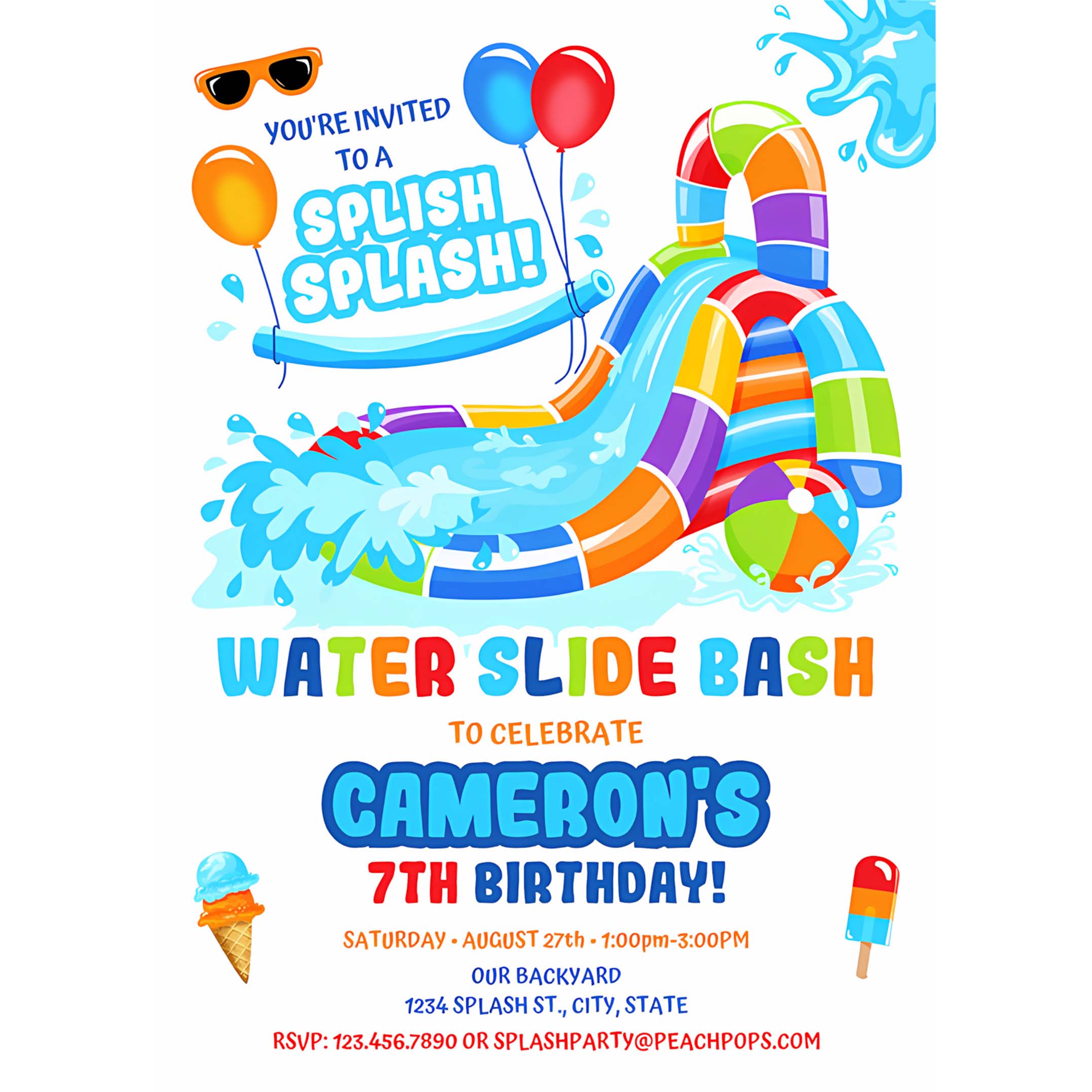 Editable Water Slide Birthday Splash Party Invitation Orange Red Blue Waterslide Bash Boy or Girl DIGITAL Printable Invite