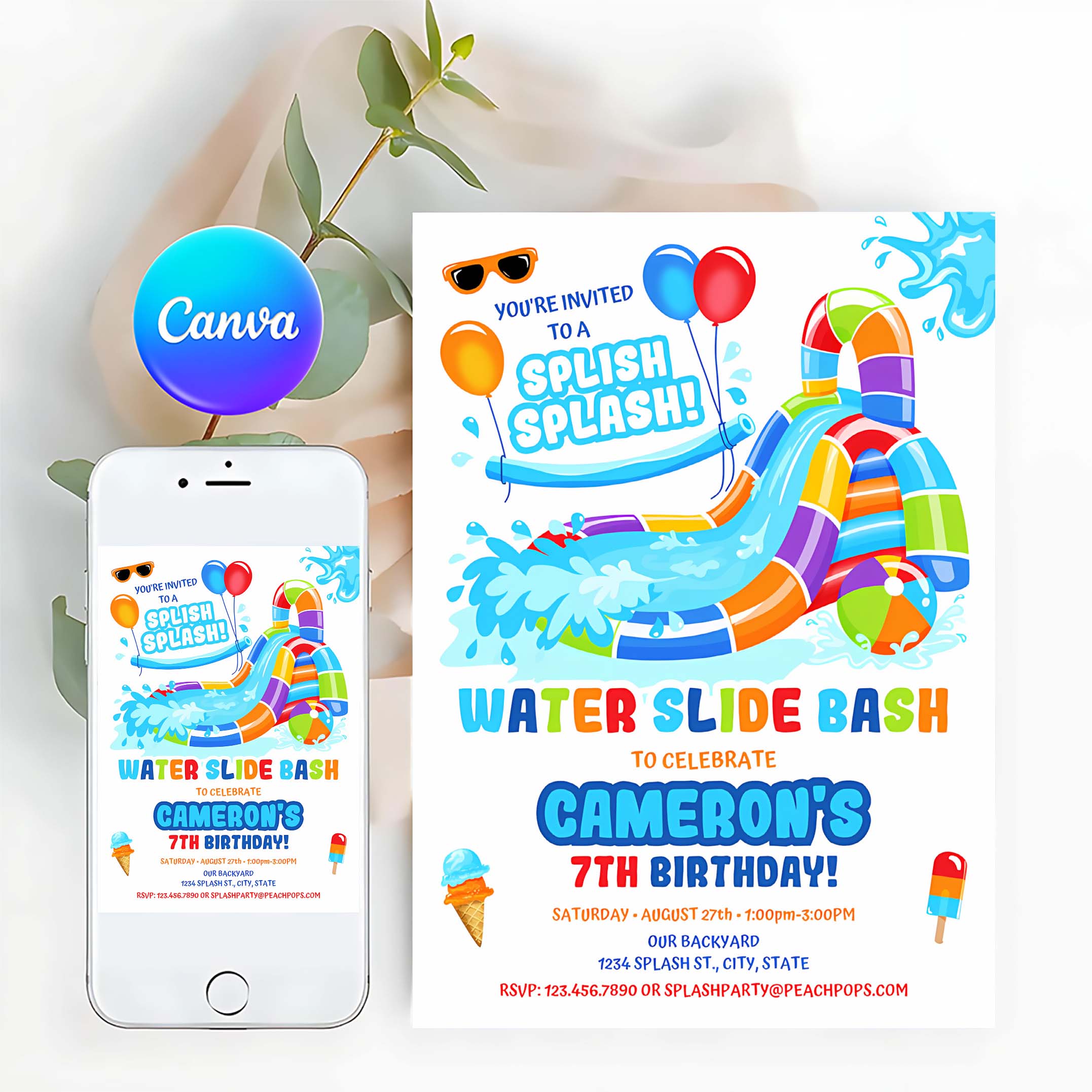Editable Water Slide Birthday Splash Party Invitation Orange Red Blue Waterslide Bash Boy or Girl DIGITAL Printable Invite