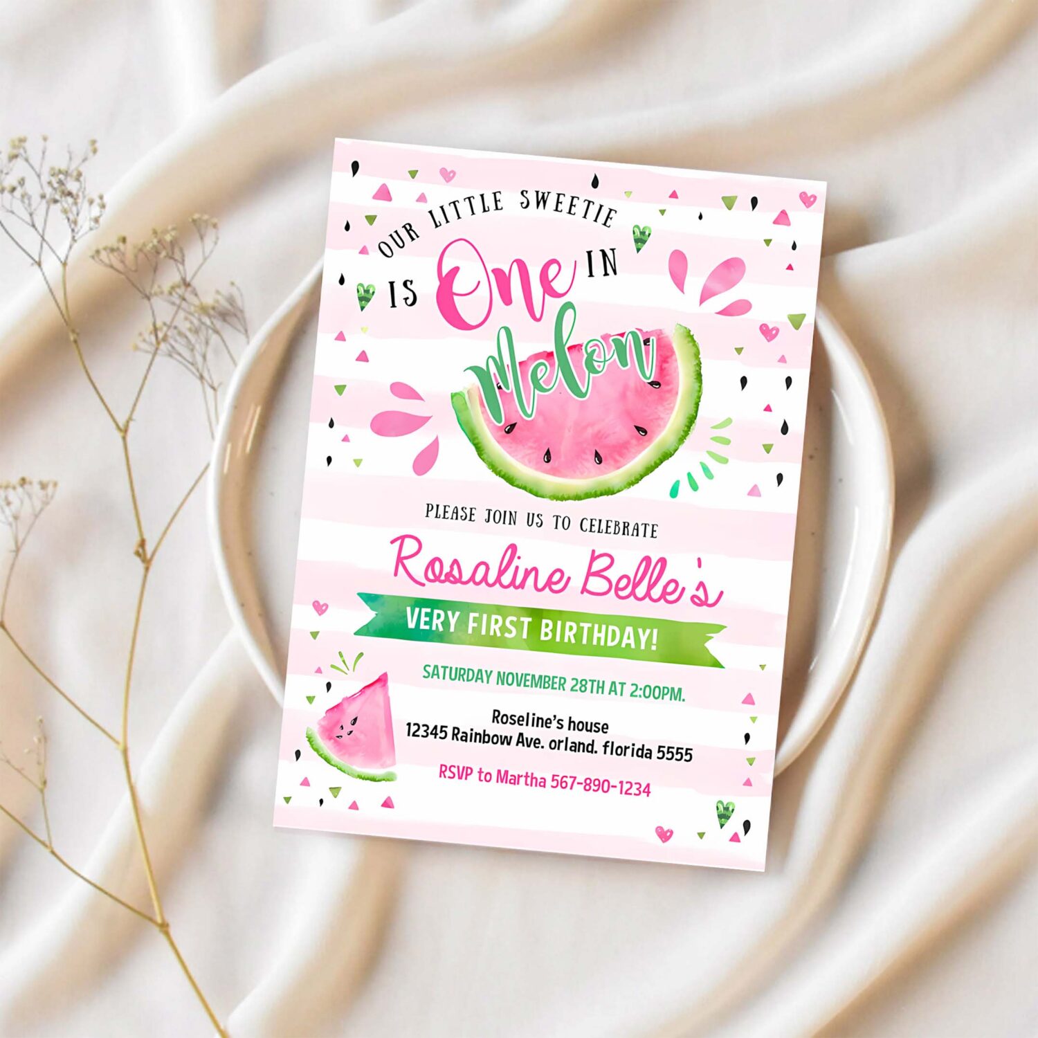 Editable watermelon invitation birthday invitations pink watermelon party invitation one in a melon 1st birthday party 1