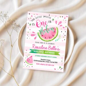 Editable watermelon invitation birthday invitations pink watermelon party invitation one in a melon 1st birthday party 1