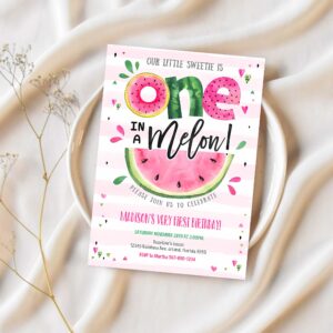 Editable watermelon invitation birthday invitations pink watermelon party one in a melon 1st birthday party invite 1