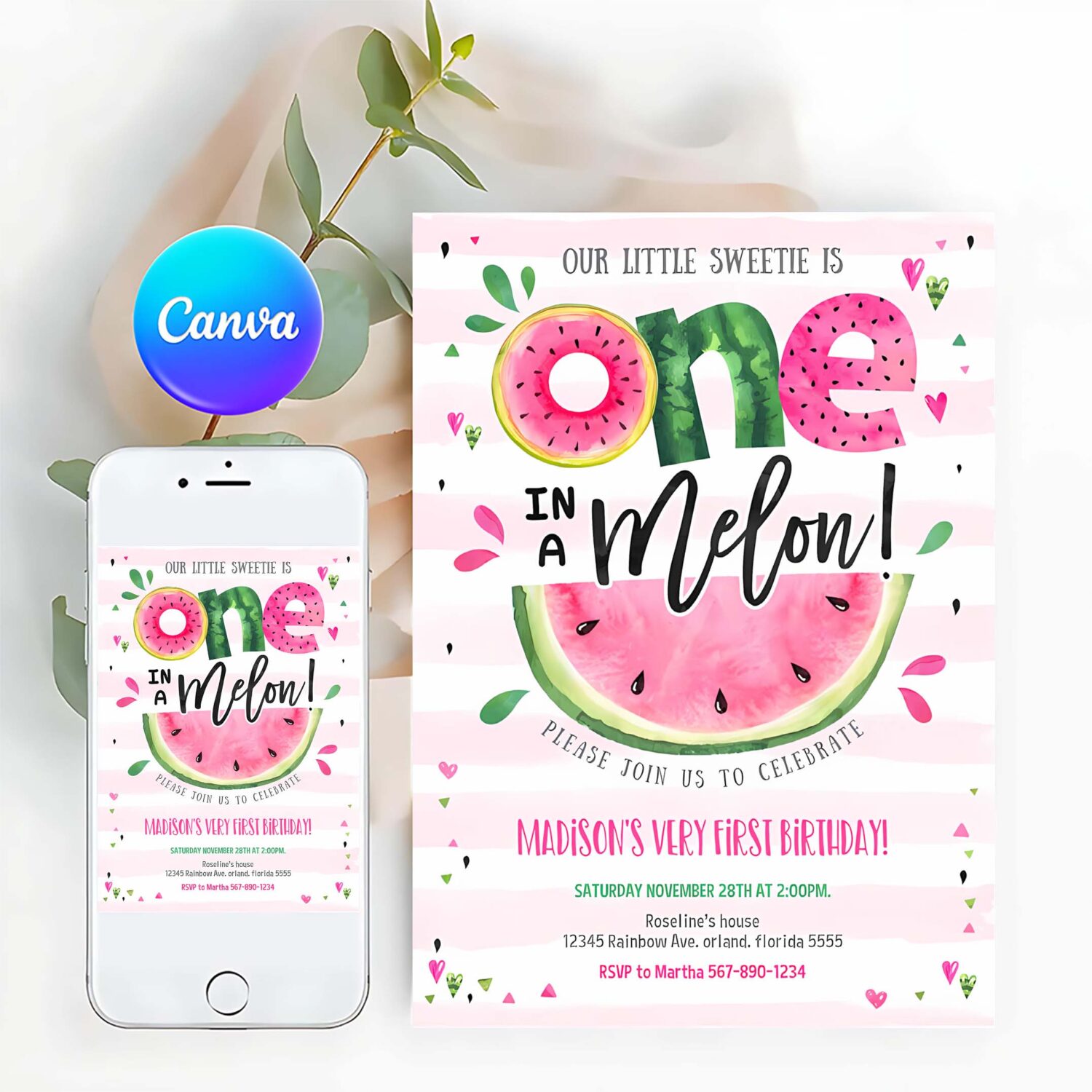 Editable watermelon invitation birthday invitations pink watermelon party one in a melon 1st birthday party invite