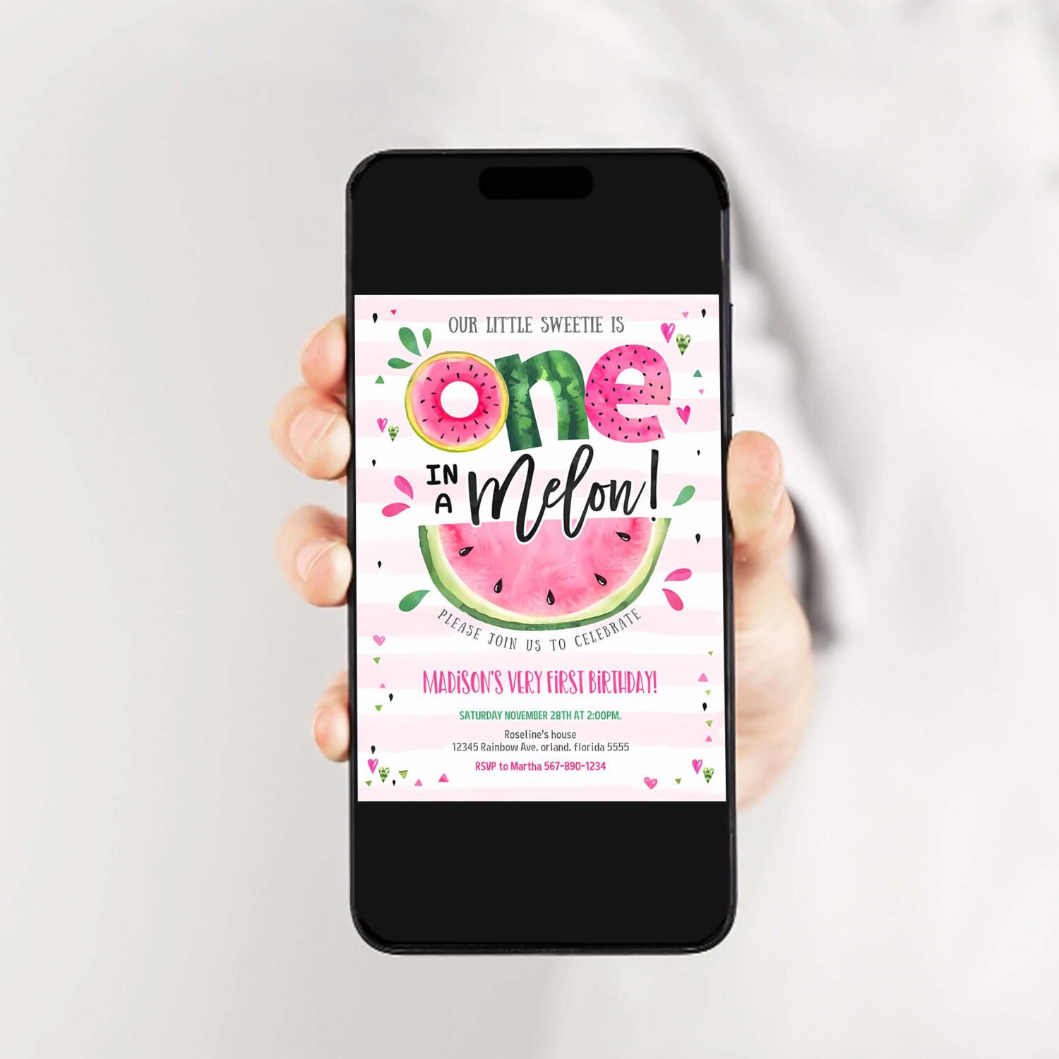Editable watermelon invitation birthday invitations pink watermelon party one in a melon 1st birthday party invite 2