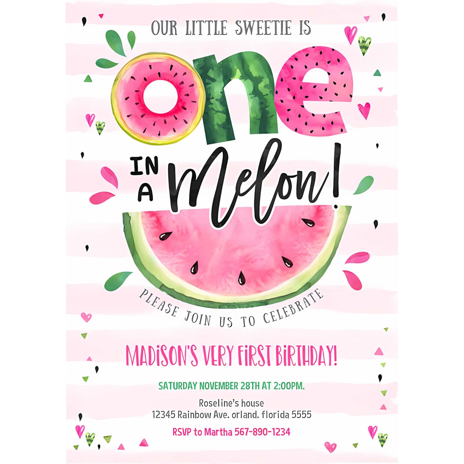 Editable watermelon invitation birthday invitations pink watermelon party one in a melon 1st birthday party invite 4