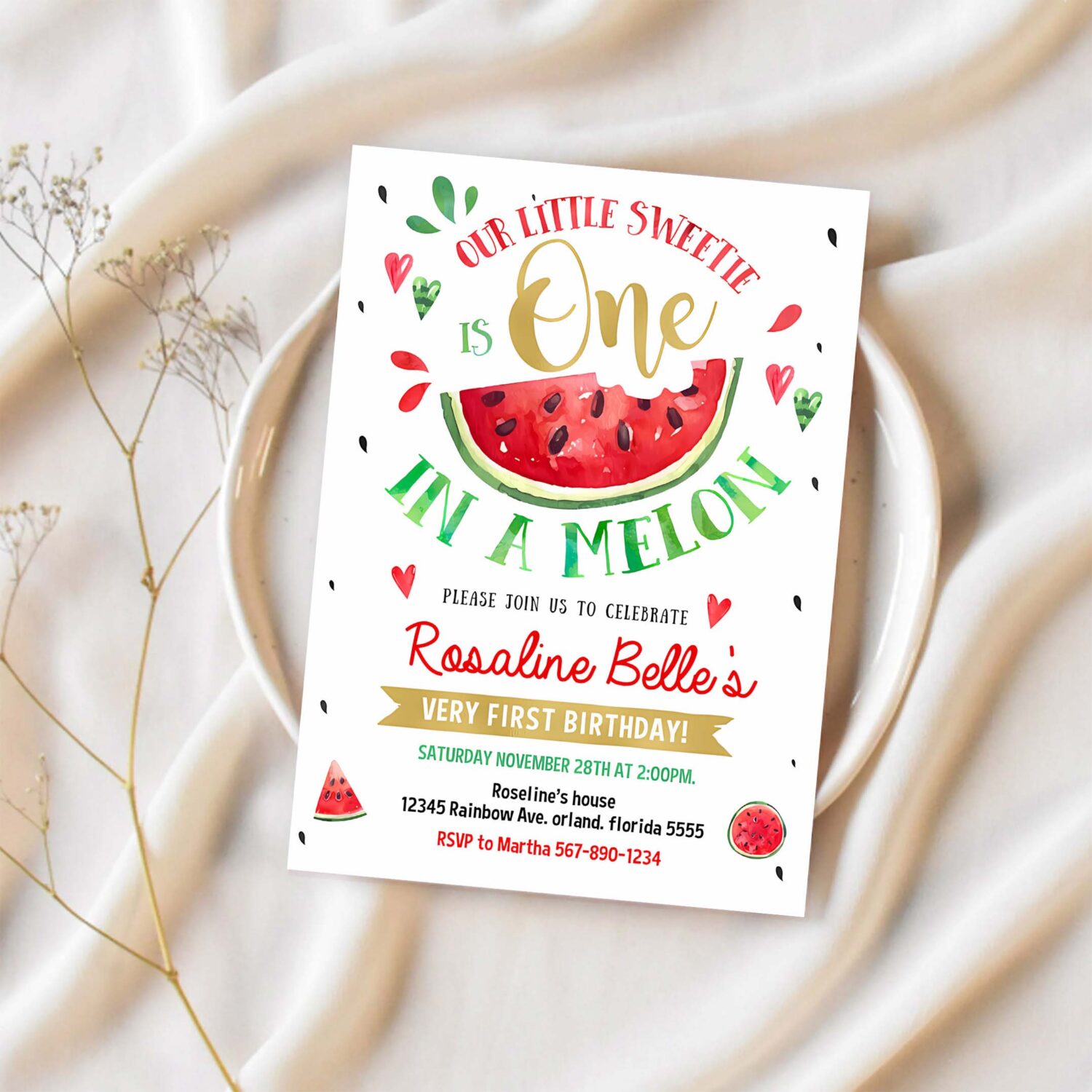 Editable watermelon invitation birthday invitations red watermelon party one in a melon 1st birthday invite 1