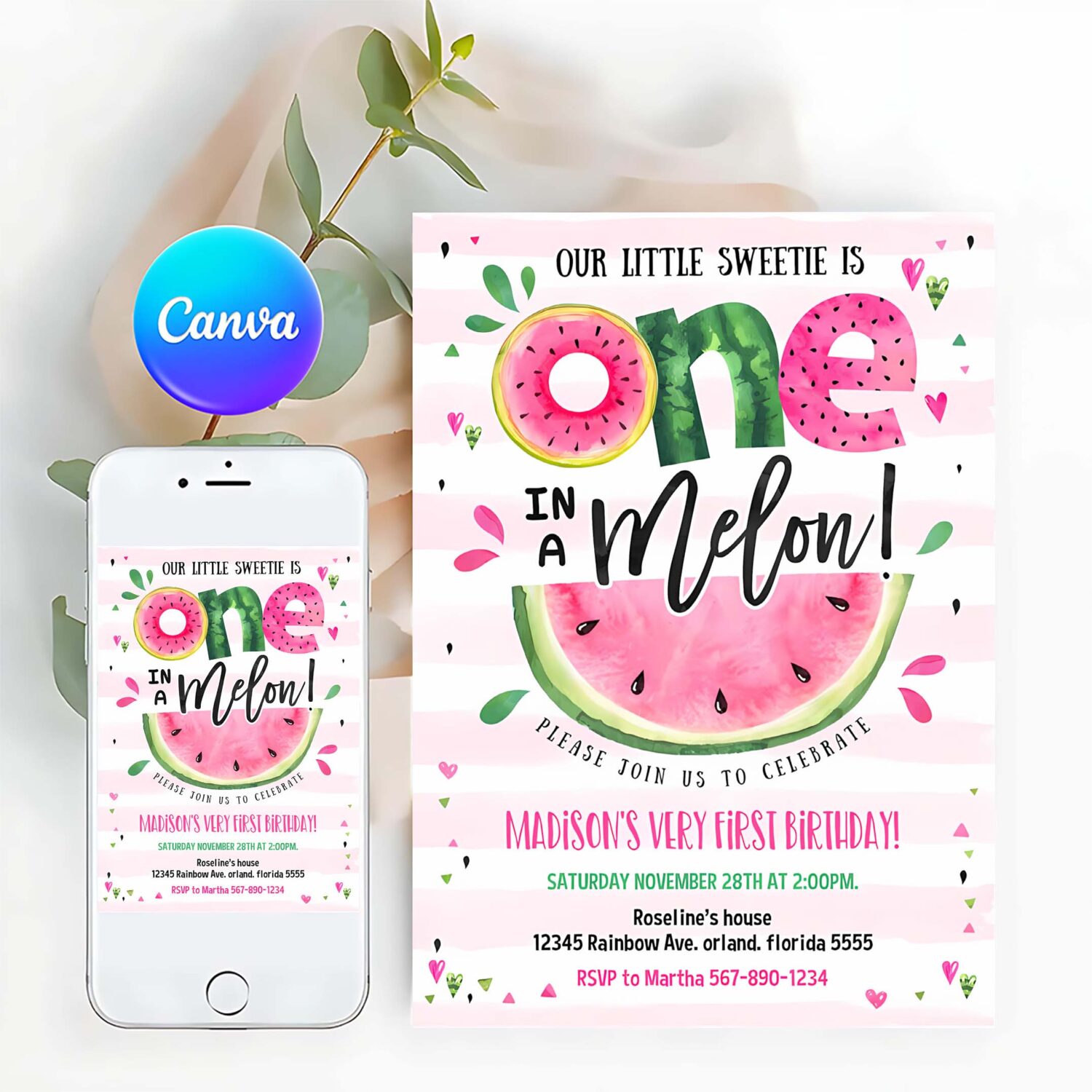 Editable watermelon invitation birthday party invitations pink watermelon party one in a melon 1st birthday party invite