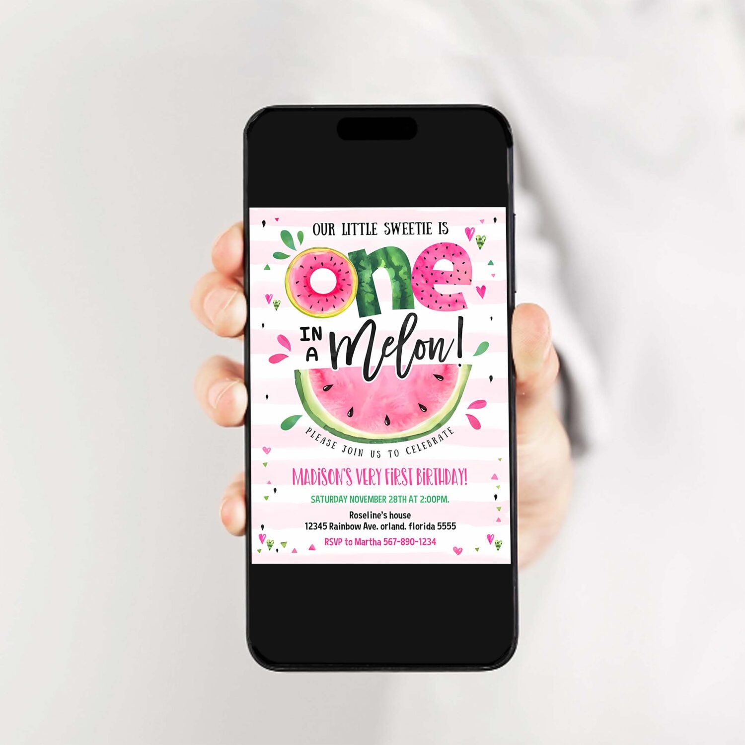 Editable watermelon invitation birthday party invitations pink watermelon party one in a melon 1st birthday party invite 2