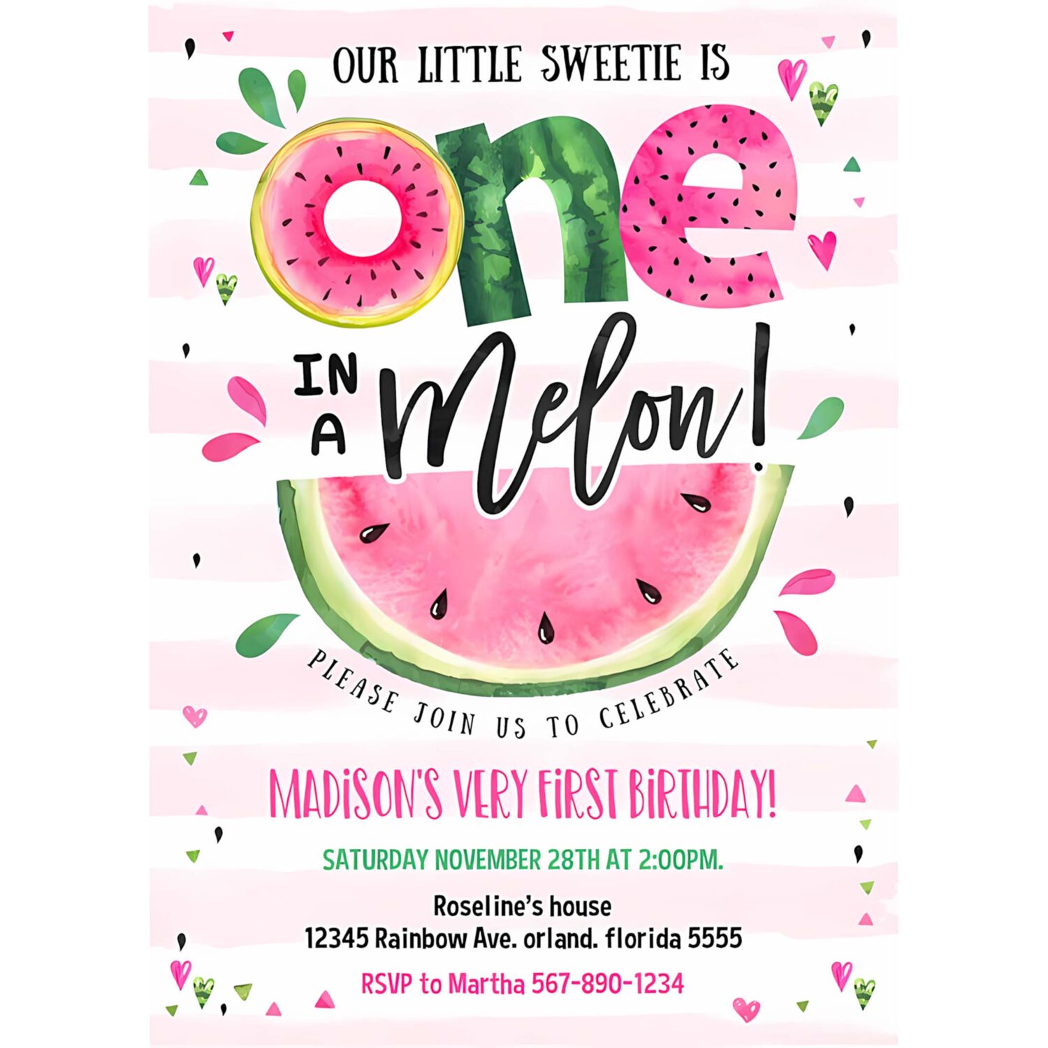 Editable watermelon invitation birthday party invitations pink watermelon party one in a melon 1st birthday party invite 4