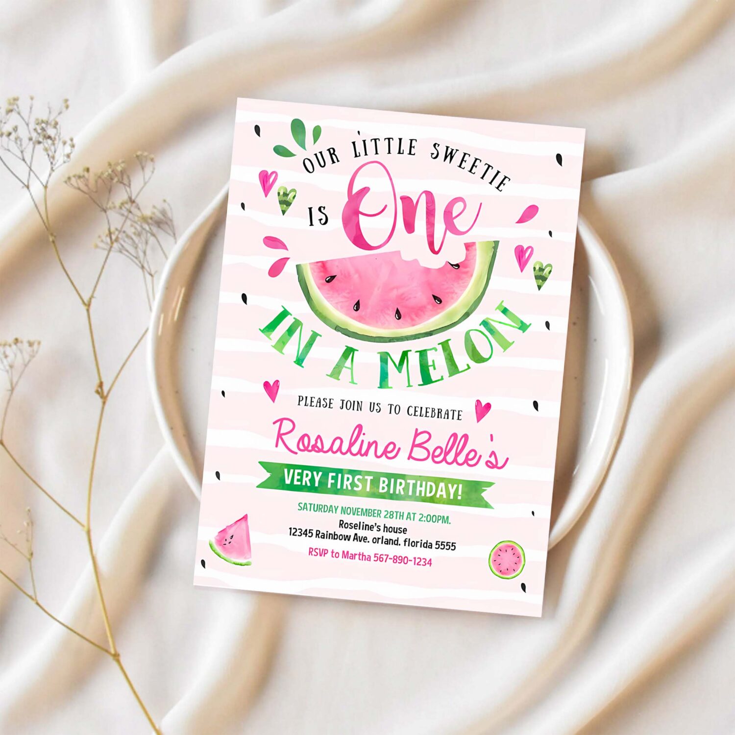 Editable watermelon invitation one in a melon first birthday invitations pink watermelon party invite 1