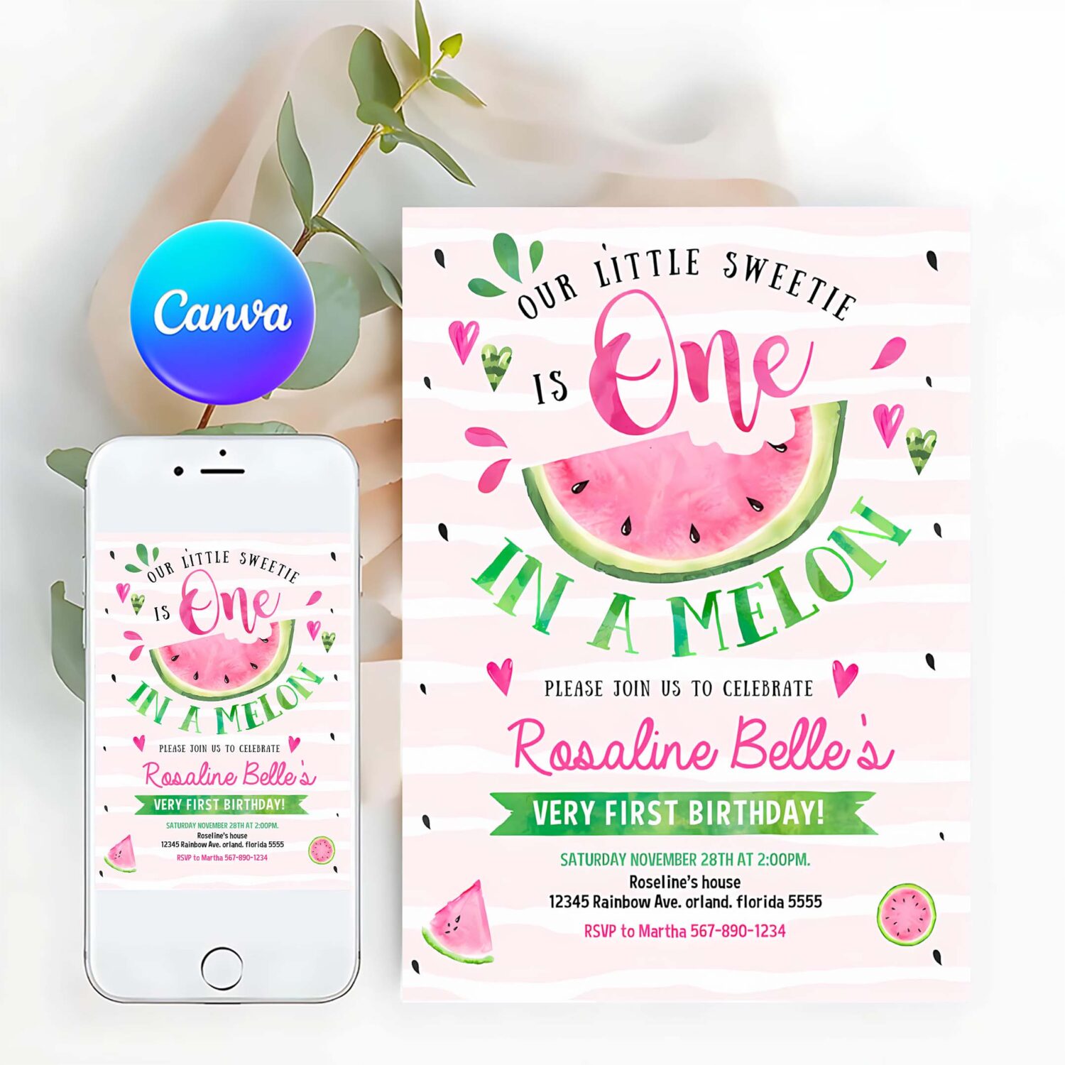 Editable watermelon invitation one in a melon first birthday invitations pink watermelon party invite
