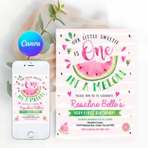 Watermelon Invitation, One in a Melon First Birthday, Birthday Invitation, Pink Watermelon Invitation