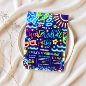 Editable waterpark birthday party invitation glow neon tie dye summer waterpark splash pad waterslide party instant download pwq 1