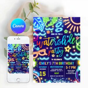 Tie Dye Invitation, Waterpark Birthday Party Invitation Glow Neon Tie Dye Summer Waterpark Splash Pad Waterslide Party