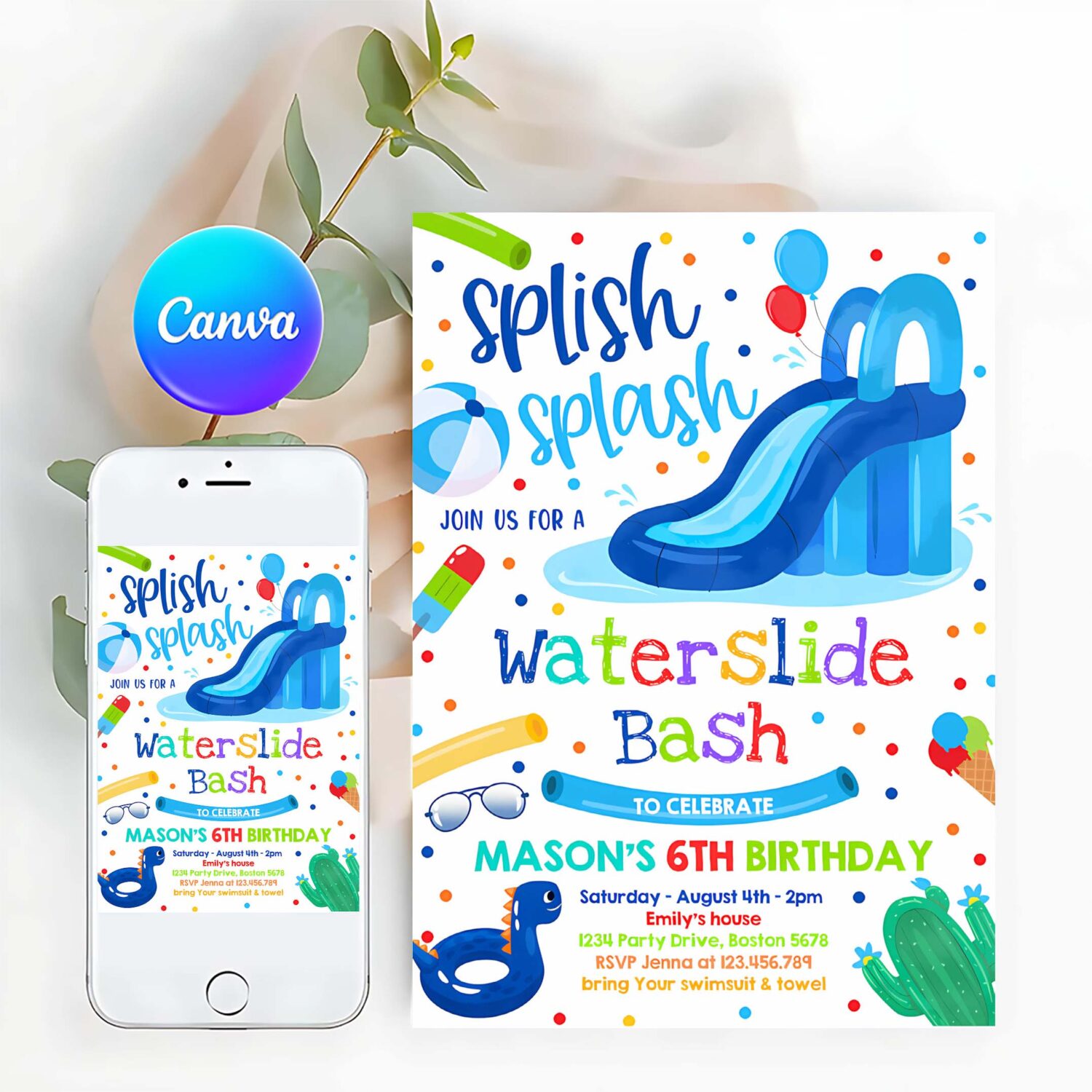 Editable waterslide birthday party invitation water slide bash summer pool party boy blue pool party bbq pool party