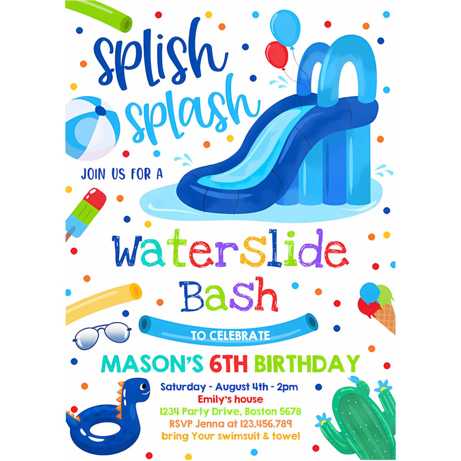 Editable waterslide birthday party invitation water slide bash summer pool party boy blue pool party bbq pool party 4