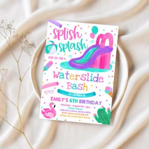 Editable waterslide birthday party invitation water slide bash summer pool party girly pink pool party bbq pool party 1