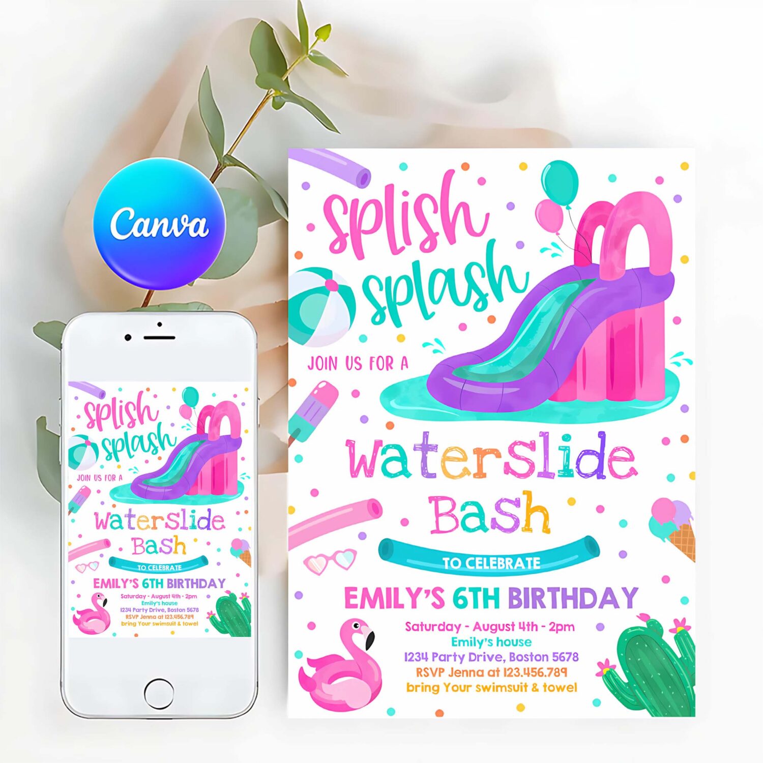 Editable waterslide birthday party invitation water slide bash summer pool party girly pink pool party bbq pool party