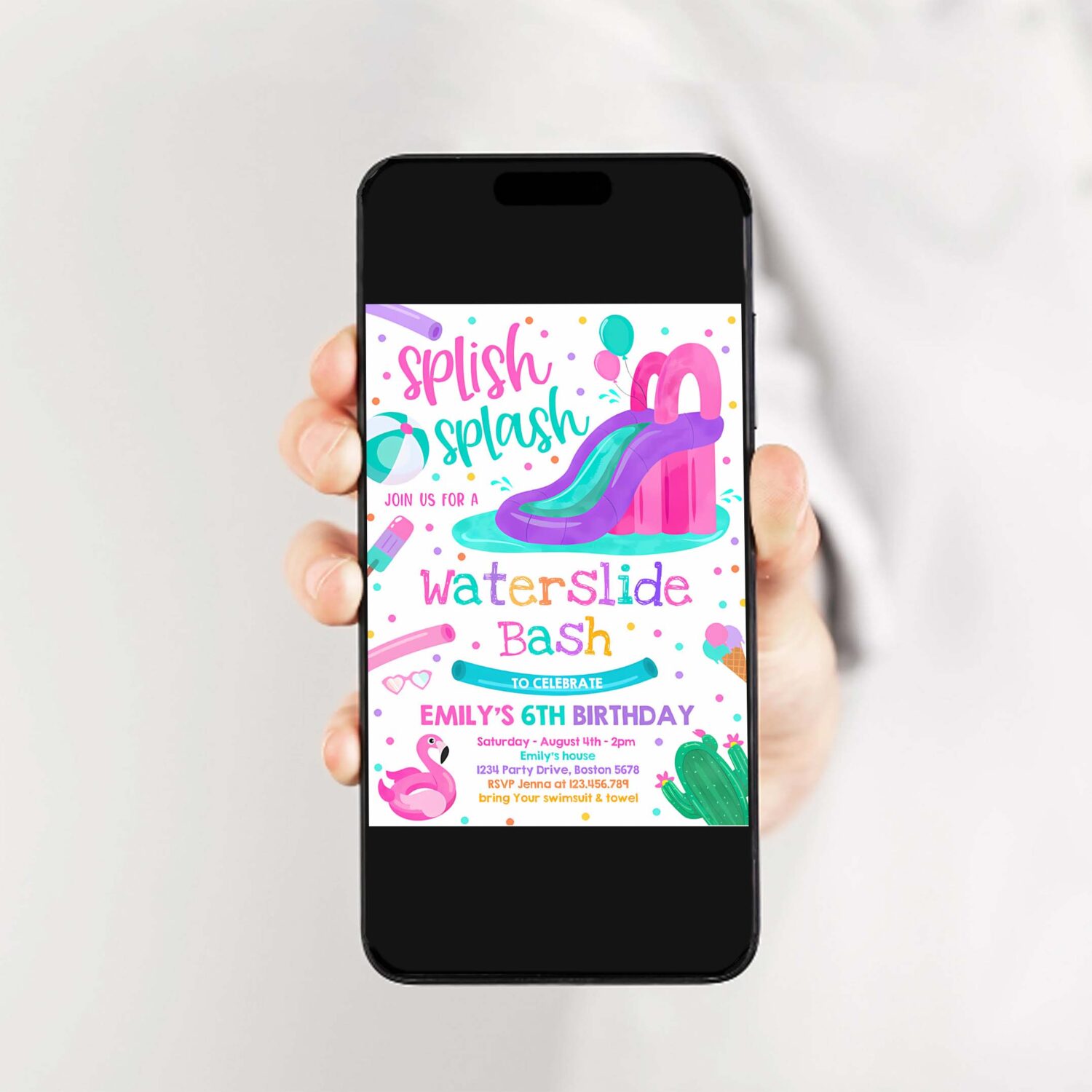 Editable waterslide birthday party invitation water slide bash summer pool party girly pink pool party bbq pool party 2