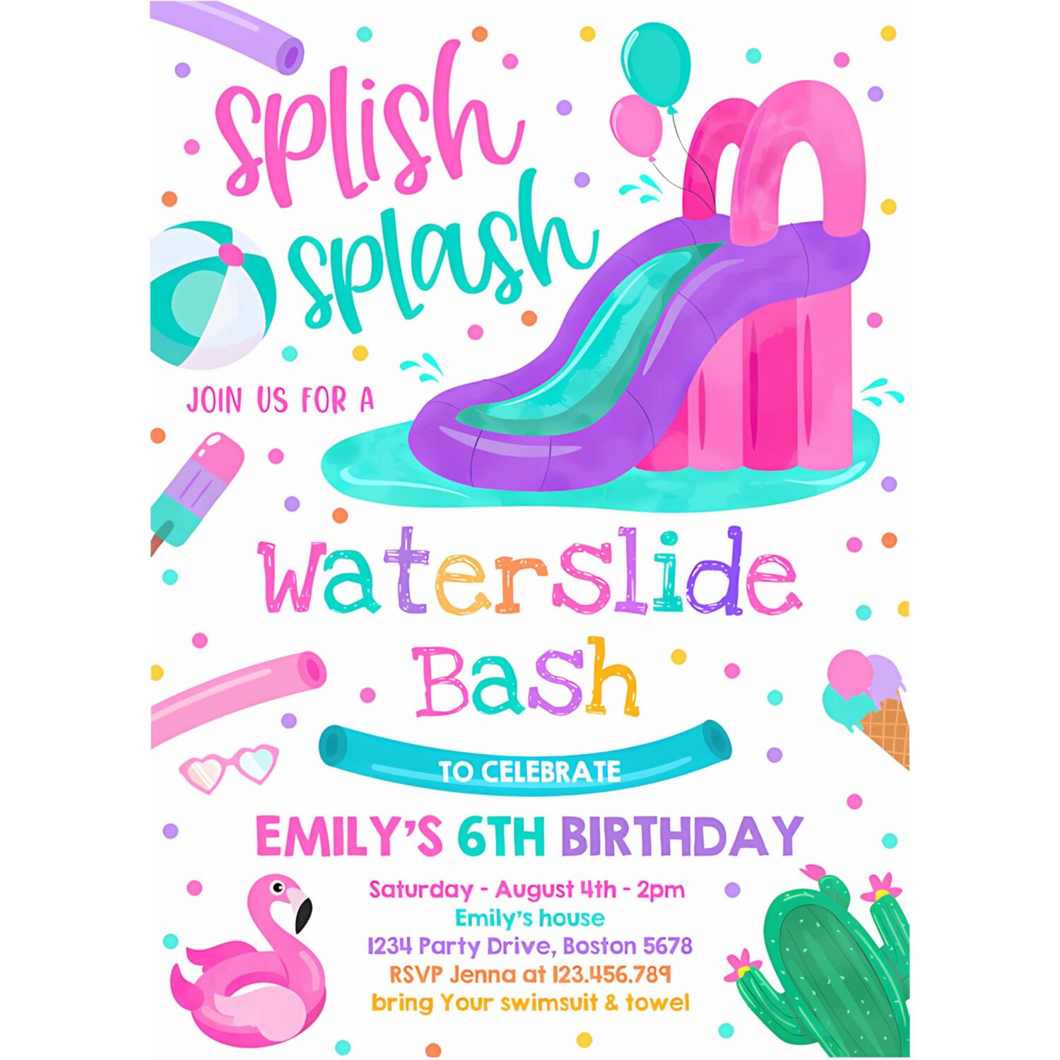 Editable waterslide birthday party invitation water slide bash summer pool party girly pink pool party bbq pool party 4