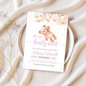 Editable we can bearly wait baby shower invitation teddy bear hot air balloon bear theme invites template invitation 1