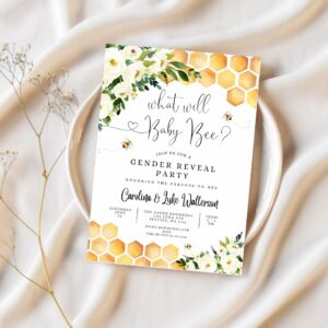 Editable what will baby bee gender reveal party baby bee invitation gender neutral invite printable template 1