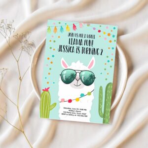 Editable whole llama fun birthday invitation blue llama fiesta cactus confetti boy blue alpaca instant download printable template corjl 0079 1