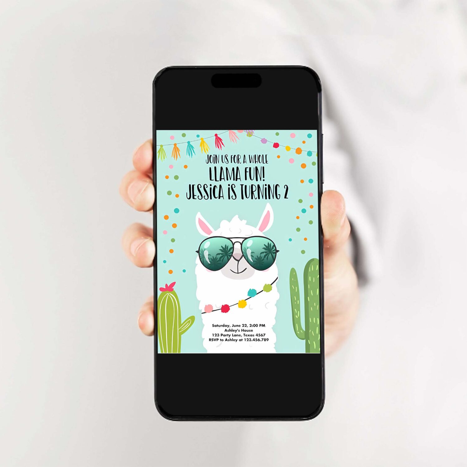 Editable whole llama fun birthday invitation blue llama fiesta cactus confetti boy blue alpaca instant download printable template corjl 0079 2