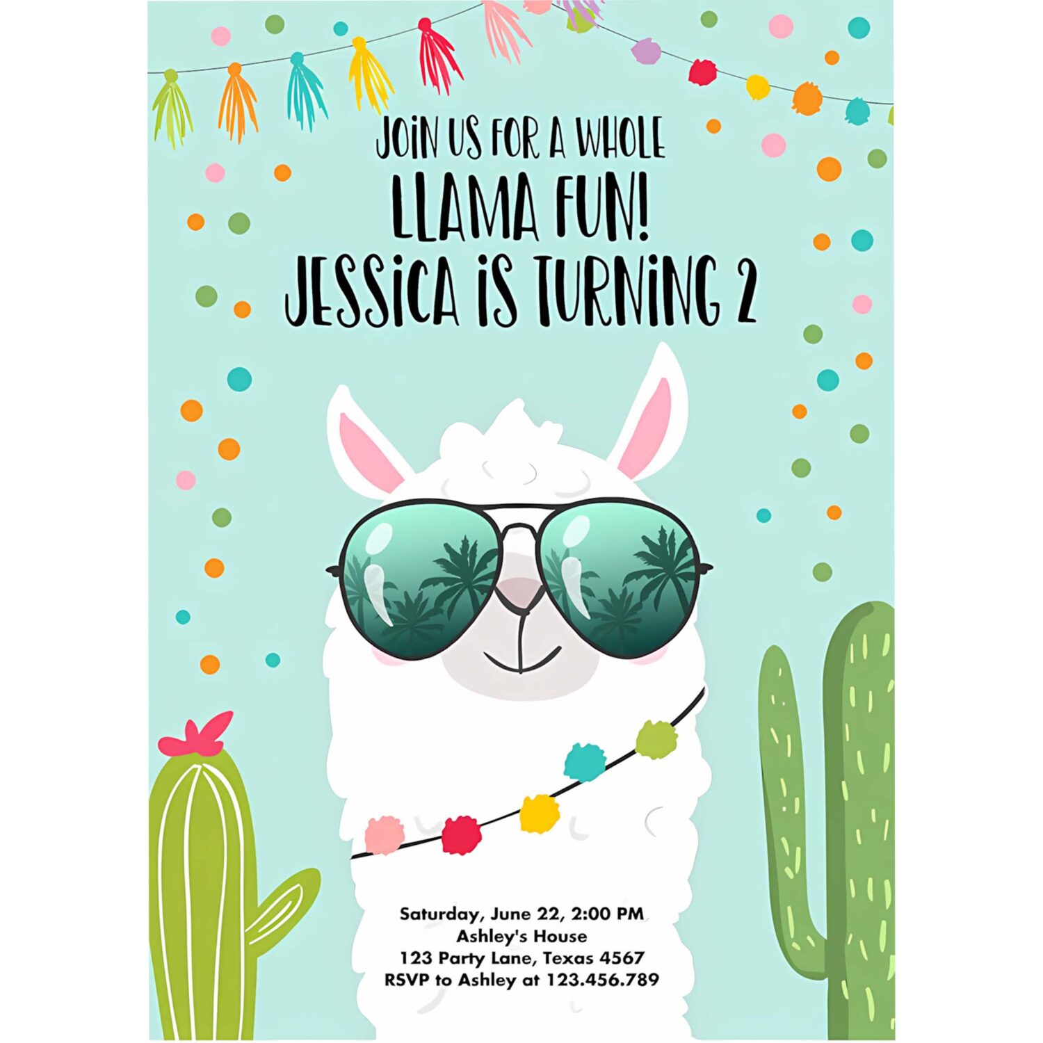 Editable whole llama fun birthday invitation blue llama fiesta cactus confetti boy blue alpaca instant download printable template corjl 0079 4