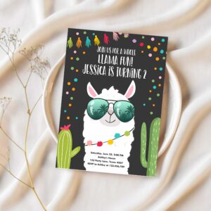 Editable whole llama fun birthday invitation fiesta llama cactus mexican party chalk confetti girl boy alpaca corjl template printable 0079 1