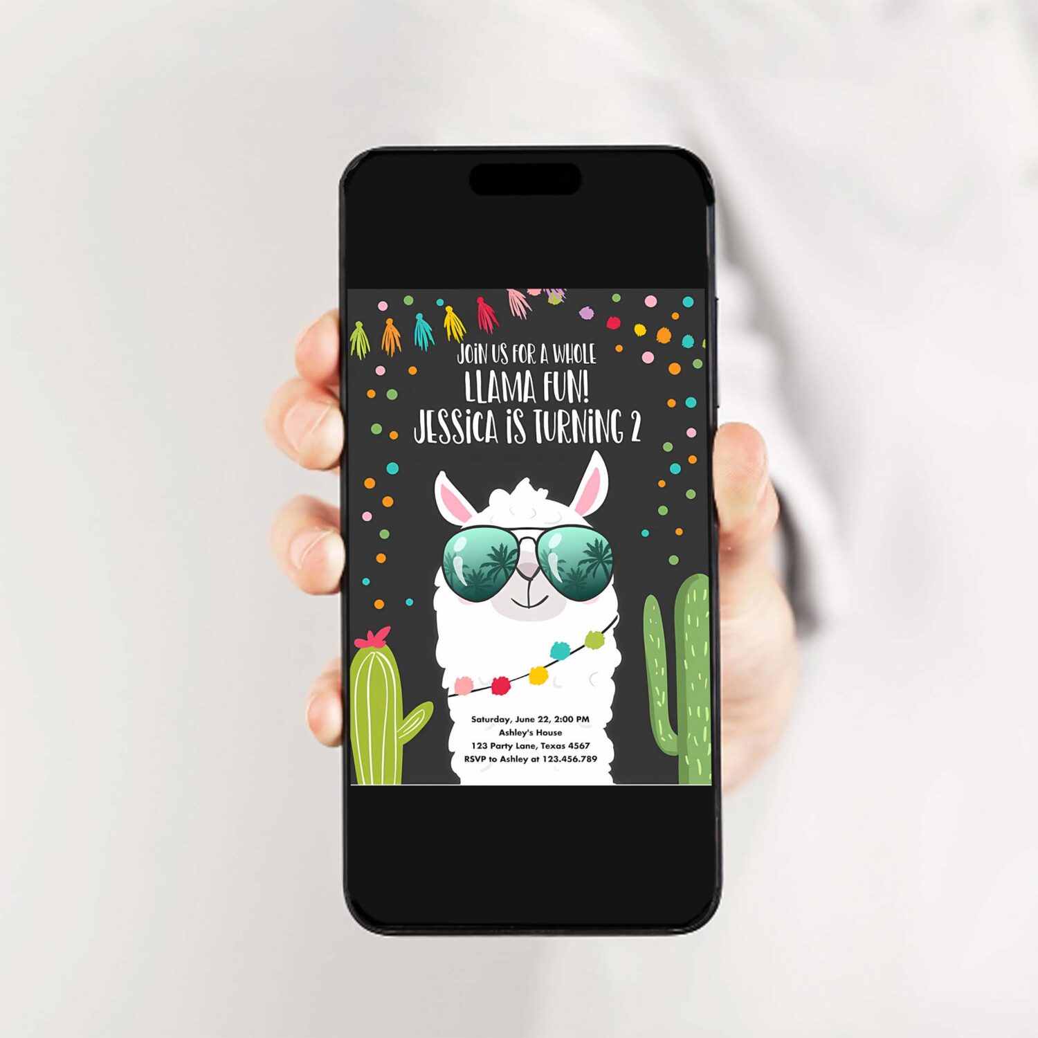 Editable whole llama fun birthday invitation fiesta llama cactus mexican party chalk confetti girl boy alpaca corjl template printable 0079 2