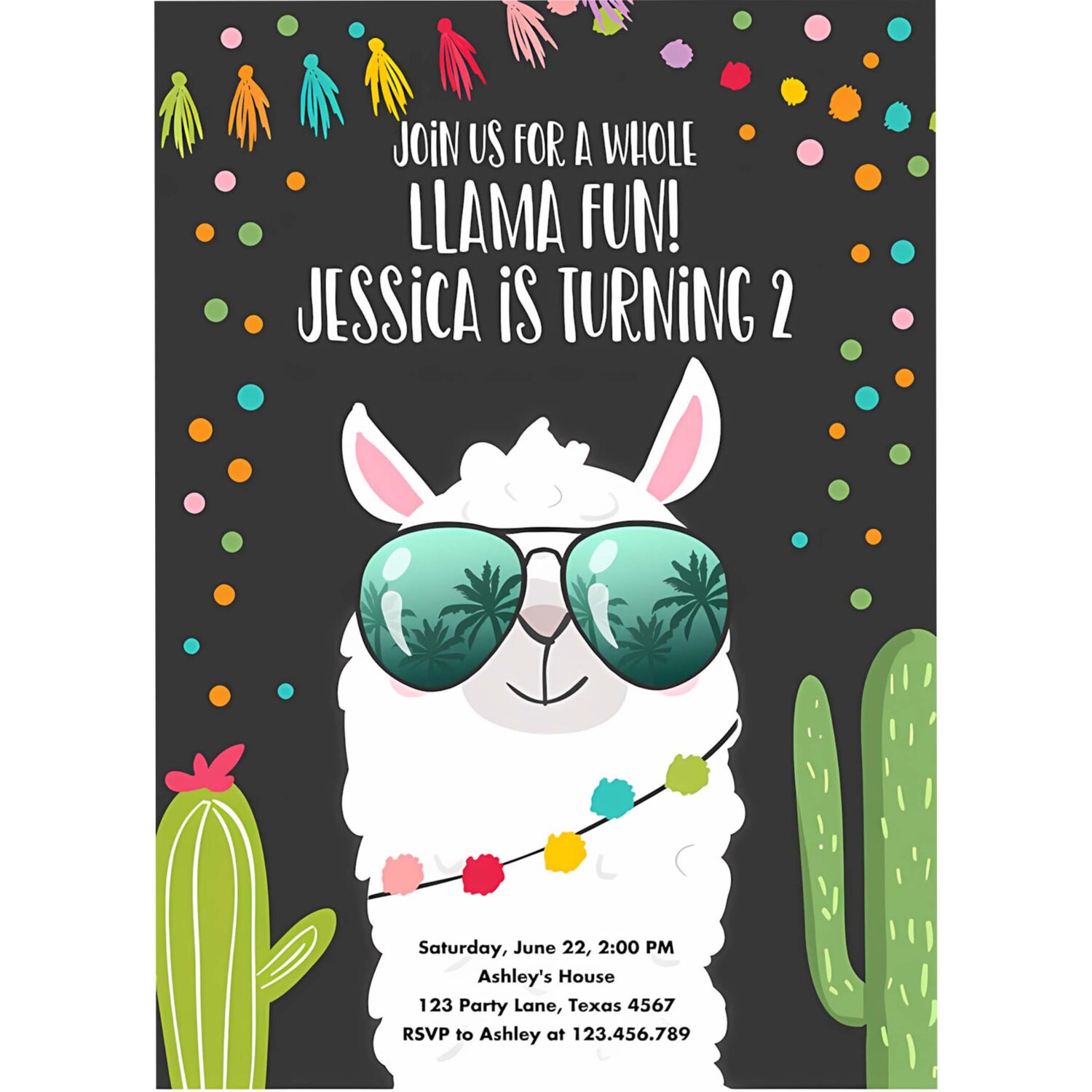 Editable whole llama fun birthday invitation fiesta llama cactus mexican party chalk confetti girl boy alpaca corjl template printable 0079 4