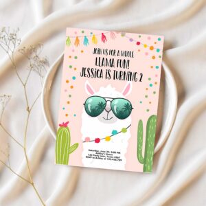 Editable whole llama fun birthday invitation llama fiesta cactus confetti girl pink alpaca invitation party 1