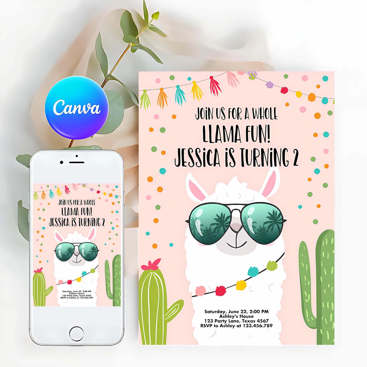Editable whole llama fun birthday invitation llama fiesta cactus confetti girl pink alpaca invitation party