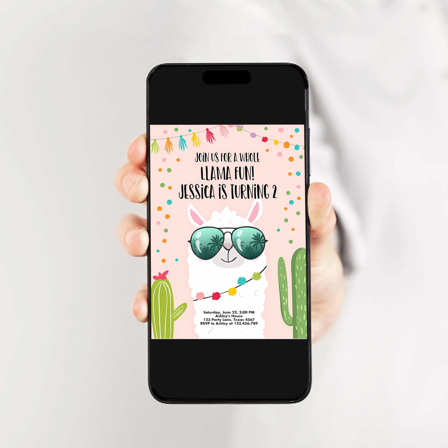 Editable whole llama fun birthday invitation llama fiesta cactus confetti girl pink alpaca invitation party 2