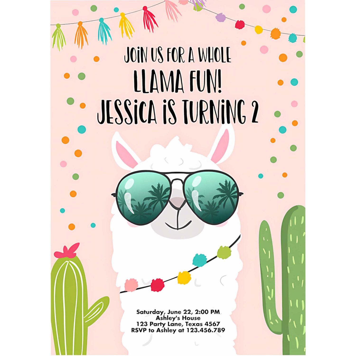 Editable whole llama fun birthday invitation llama fiesta cactus confetti girl pink alpaca invitation party 4