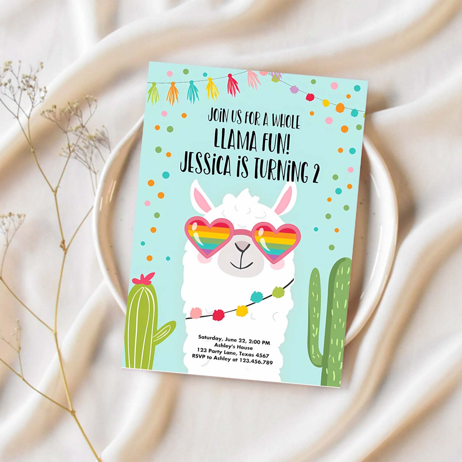 Editable whole llama fun birthday invitation llama fiesta cactus sunglasses girl blue alpaca instant download printable template corjl 0079 1