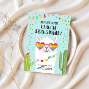 Editable whole llama fun birthday invitation llama fiesta cactus sunglasses girl blue alpaca instant download printable template corjl 0079 1