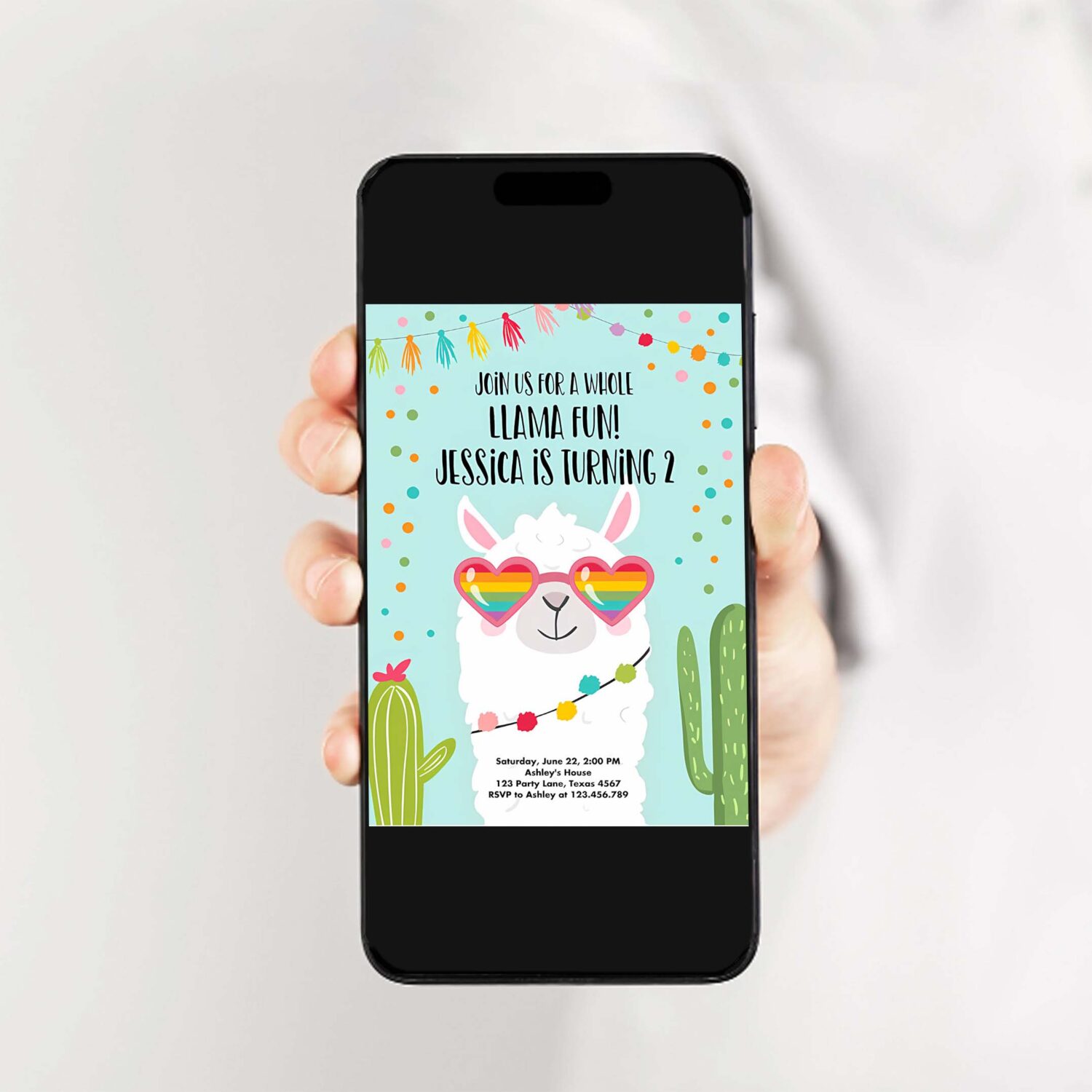 Editable whole llama fun birthday invitation llama fiesta cactus sunglasses girl blue alpaca instant download printable template corjl 0079 2