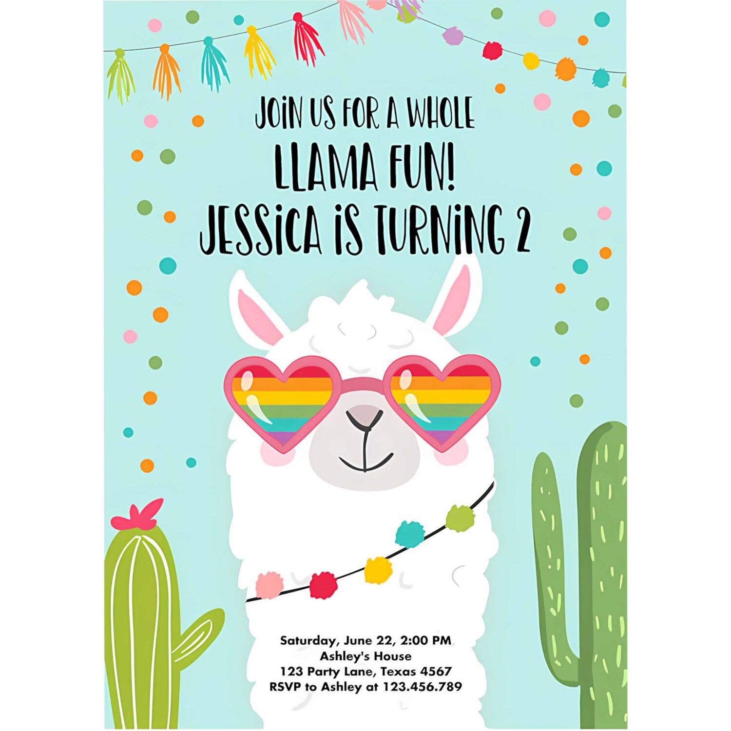 Editable whole llama fun birthday invitation llama fiesta cactus sunglasses girl blue alpaca instant download printable template corjl 0079 4