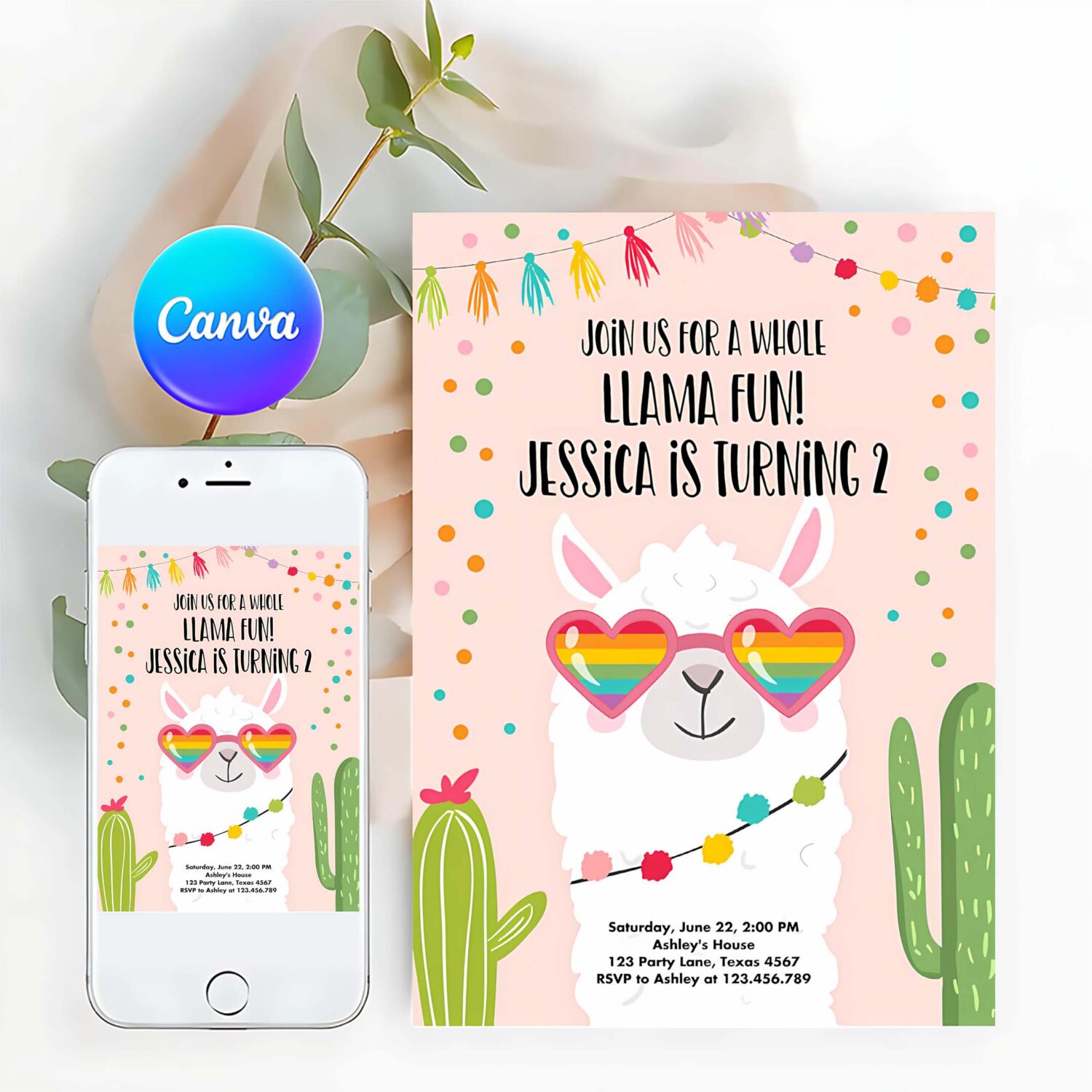 Editable whole llama fun birthday invitation llama fiesta cactus sunglasses girl pink alpaca instant download printable template corjl 0079