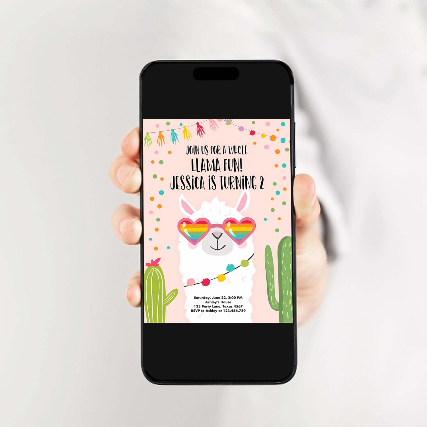 Editable whole llama fun birthday invitation llama fiesta cactus sunglasses girl pink alpaca instant download printable template corjl 0079 2