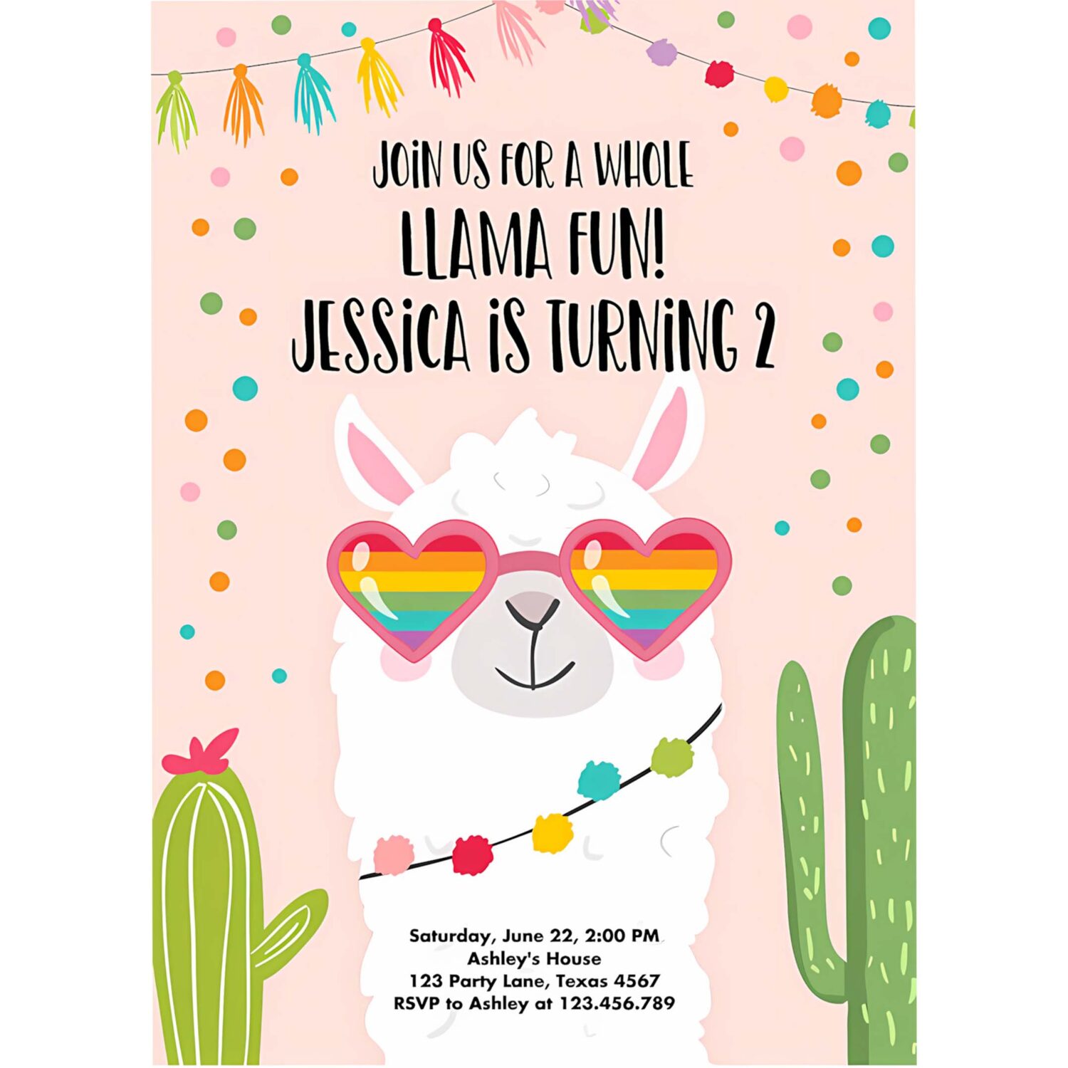 Editable whole llama fun birthday invitation llama fiesta cactus sunglasses girl pink alpaca instant download printable template corjl 0079 4