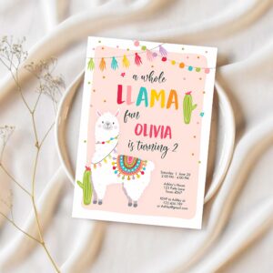 Editable whole llama fun birthday pink invite llama cactus girls alpaca fiesta instant download printable invitation template corjl 0079 1