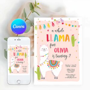 Fiesta Invitation, Whole Llama Fun Birthday, Pink Invitation Llama Cactus Girls Alpaca Fiesta Invitation
